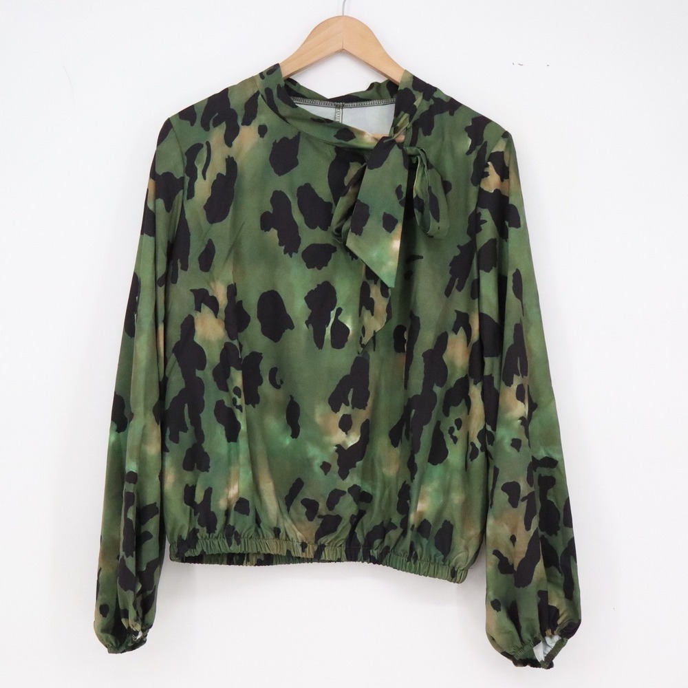 SHEIN Blouse Womens L Green Animal Print Tie Neck Elastic Hem Exc